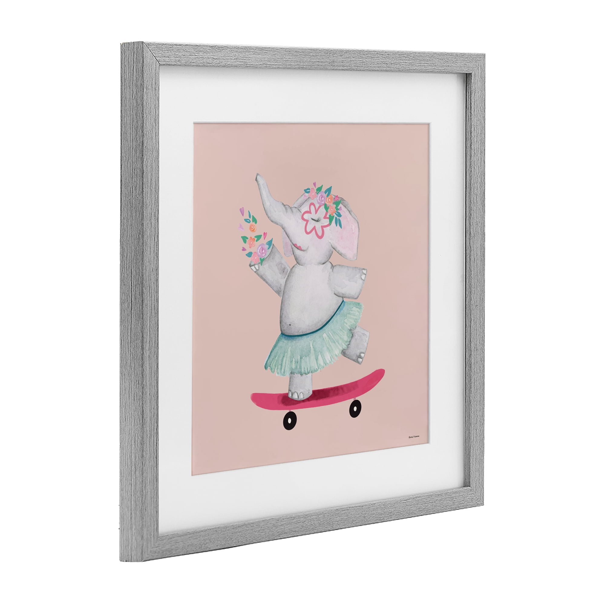 Stupell Industries Skateboarding Elephant with Flowers Gray Framed Print Under Glass, design by Rachel Nieman