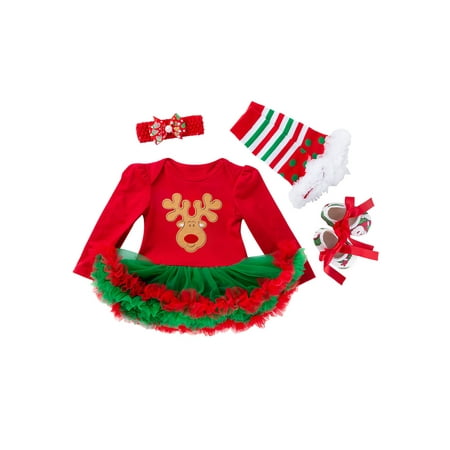

Avamo Baby 4 Pieces Outfits Crew Neck Jumpsuit Dress Xmas Christmas Dresses Set Holiday Casual Cute Long Sleeve Dress Style H 66cm (3-6M)