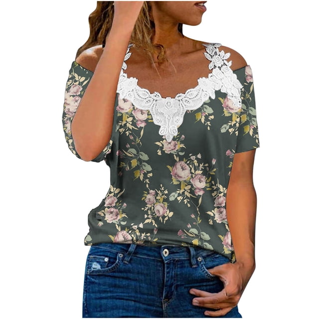 Blusa informal de manga corta con cuello en V y encaje con hombros descubiertos para mujer OAVQHLG3B Store lin121212