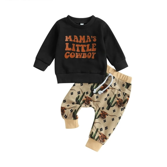 2Pcs Baby Boy Western Clothes 6 12 18 24M 3T Long Sleeve Sweatshirt Cow Cactus Print Pants Set Toddler Outfit