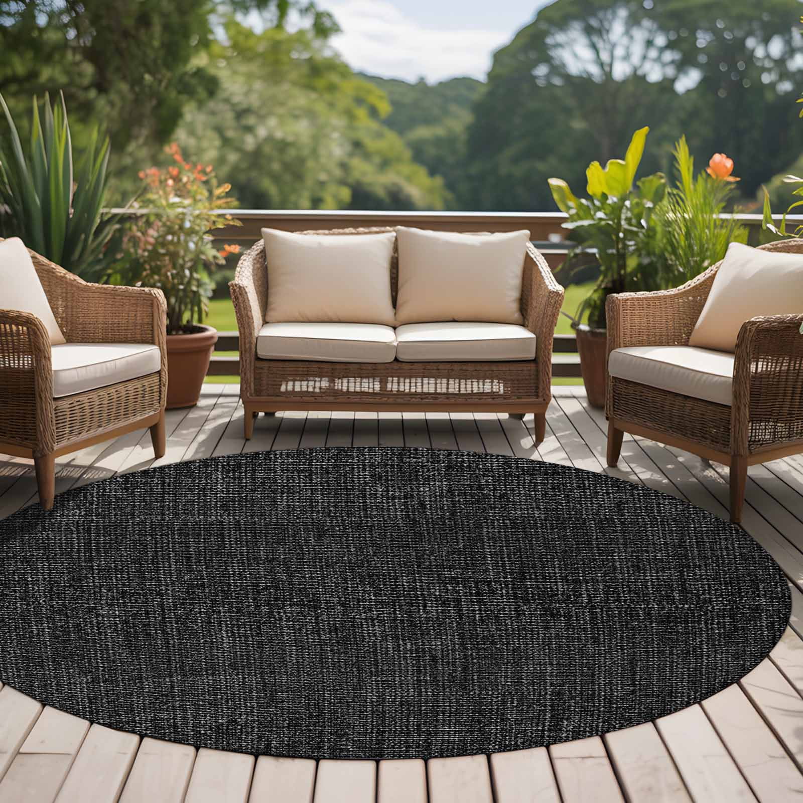 Black Burlap Texture Round Area Rug 6 FT, Non Slip Bedroom Area Rug, Farmhouse Vintage Black Washable Soft Circular Carpet Non-Shedding Floor Mat for Kitchen Dining Room Home Office Kids Room