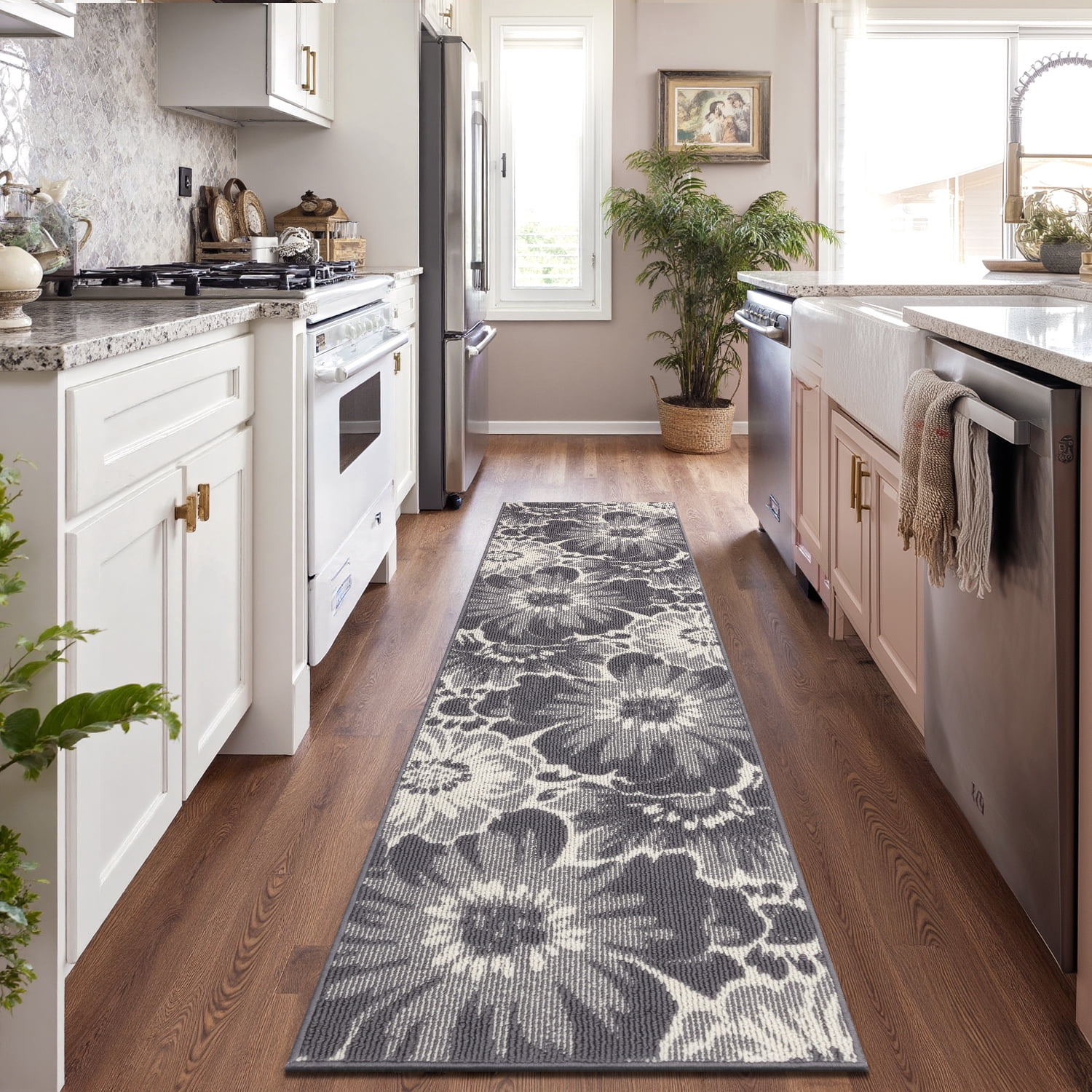 Findosom Runner Rug for Hallway 2x8 ft,Non-slip Machine Washable Runners Flower Floor Mats Low Pile Carpet Rug Runner with Rubber Backing for Entryway Doormat Bathroom Kitchen Laundry Room,Gray