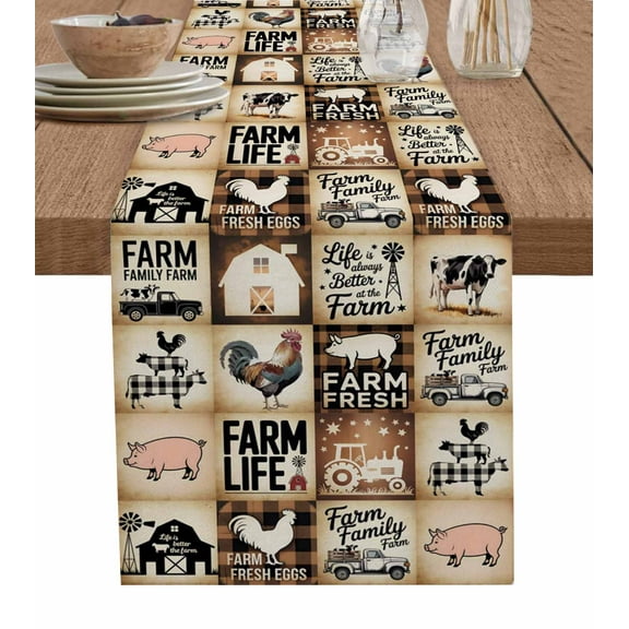 Farm Cow Table Runner 72 Inches, Vintage Chicken Pig Plaid Black Brown Bear Bed Runner Dresser Scarves Tabletop for Indoor Outdoor Parties/Ceremony/Banquet, 18" x 72"