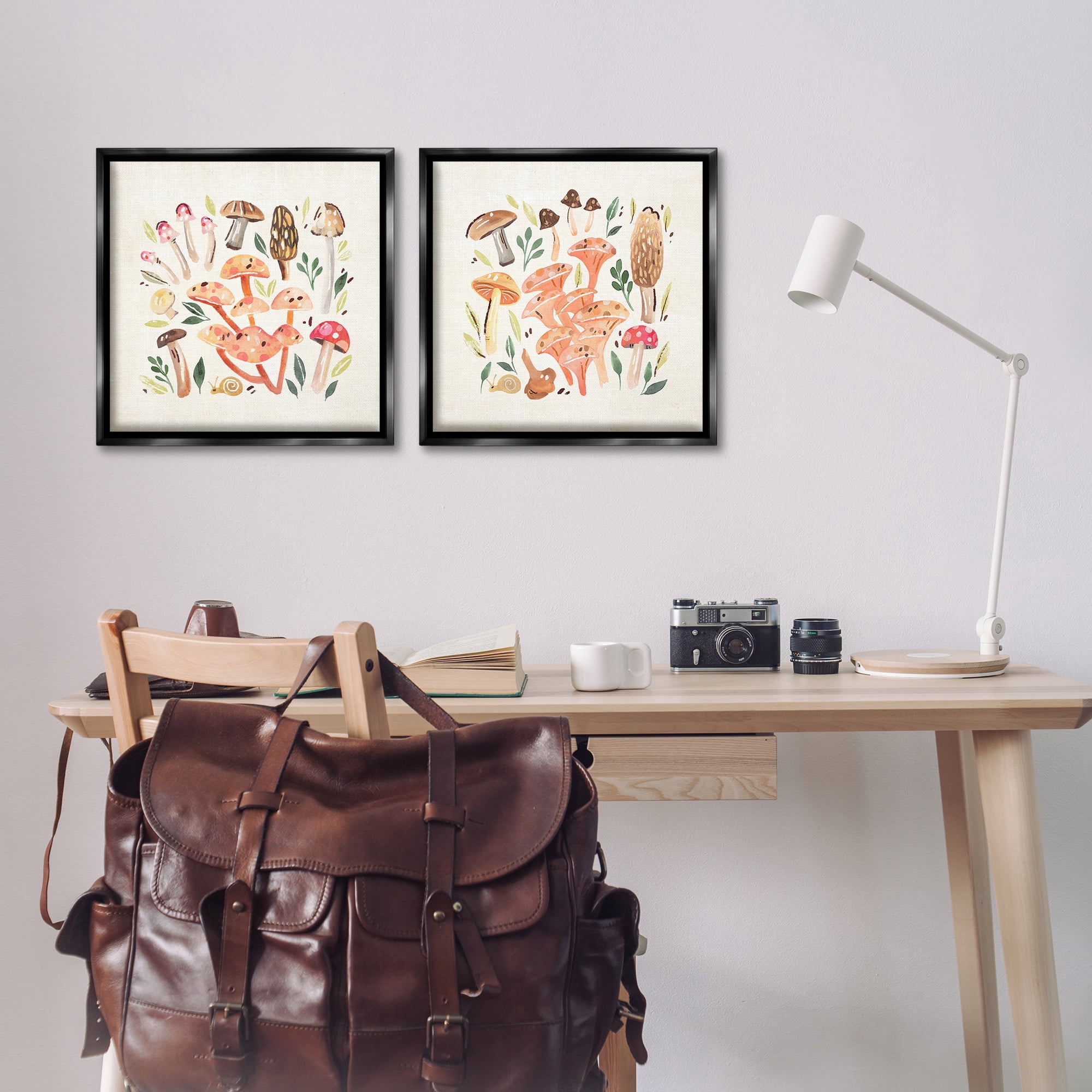 Stupell Industries Mushroom & Leaves Pattern Botanical & Floral Painting Black Floater Framed Canvas Art Print Wall Art, 18 x 18, Set of 2
