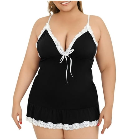 DISKEBUISS Lace Trim Pajama Dress for Women Summer V-Neck Sleepwear Relaxed Fit Chemise with Lingerie Style