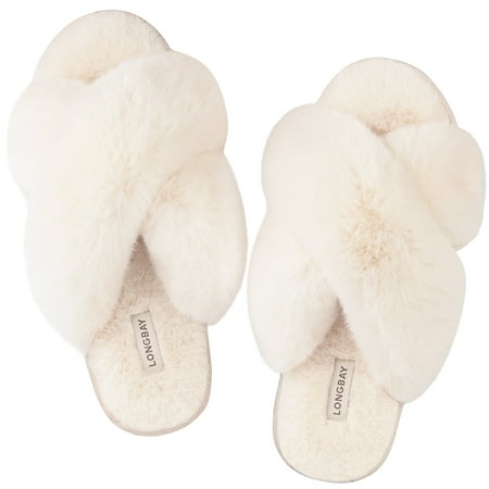 

LongBay Women s Fuzzy Faux Fur Memroy Foam Cross Band Slide Slippers Open Toe House Shoes