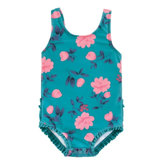 Hudson Baby Girls Baby Swimsuit, Teal Floral, 3-6 Months