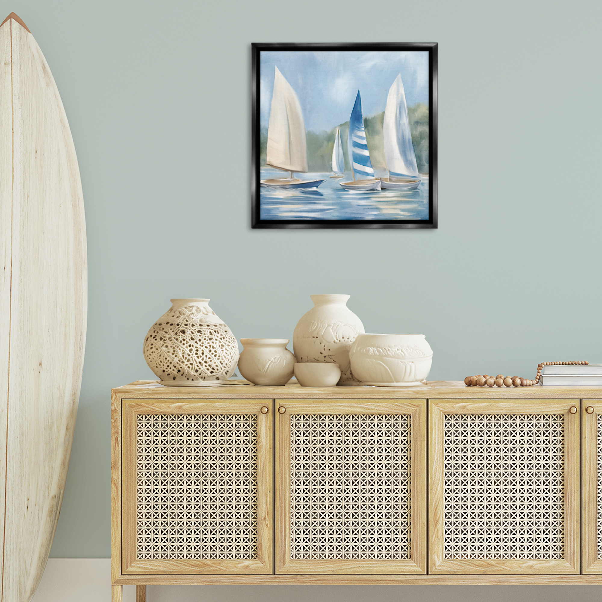 Stupell Industries Sailboat Day Painting Coastal Painting Black Floater Framed Canvas Art Print Wall Art, 25 x 25