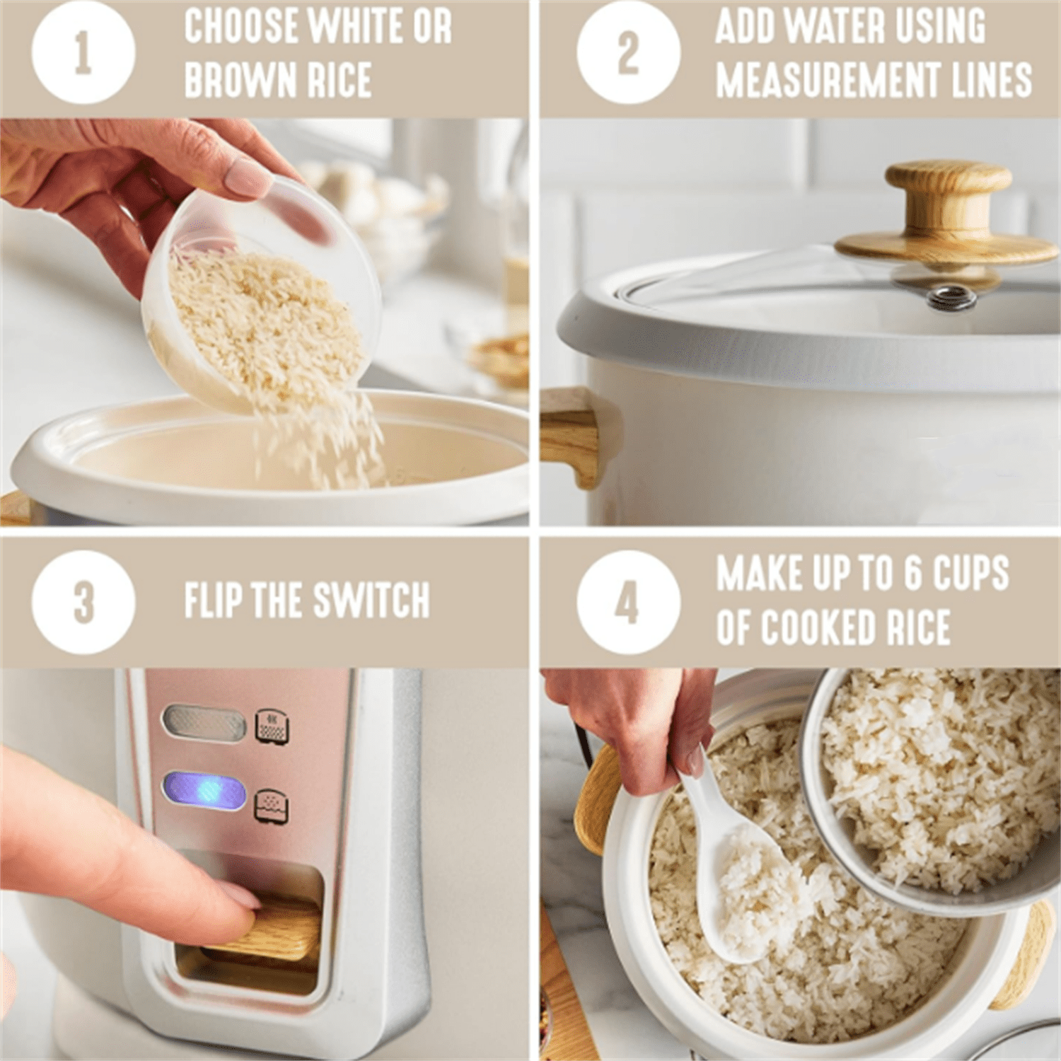 Rice Cooker with Removable PFAS-Free Nonstick Pot, 3-Cups Uncooked/6-Cups Cooked, One-Switch Design, Auto Keep Warm Function, Soup, Grains, Oatmeal, Wood Handle, Cream