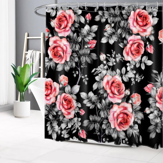 HVEST Watercolor Rose Flower Shower Curtain Decor, Red Floral with Grey Leaf on Black Shower Curtain for Bathroom 72x78 Inch Polyester Fabric Bathroom Decoration Bath Curtains Hooks Included