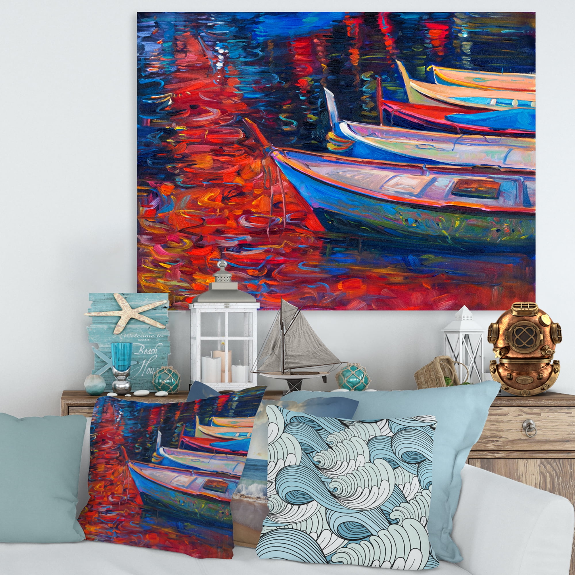 Designart ' Boats During Warm Sunset Resting On The Water IX ' Nautical & Coastal Canvas Wall Art Print