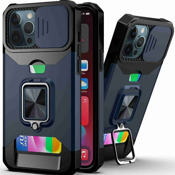 Dteck for iPhone 12 Pro Max Case with Camera Cover & Kickstand, Slide Lens Protection 360 Rotate Ring Stand, Impact-Resistant, Shockproof, Protective Bumper, Navy