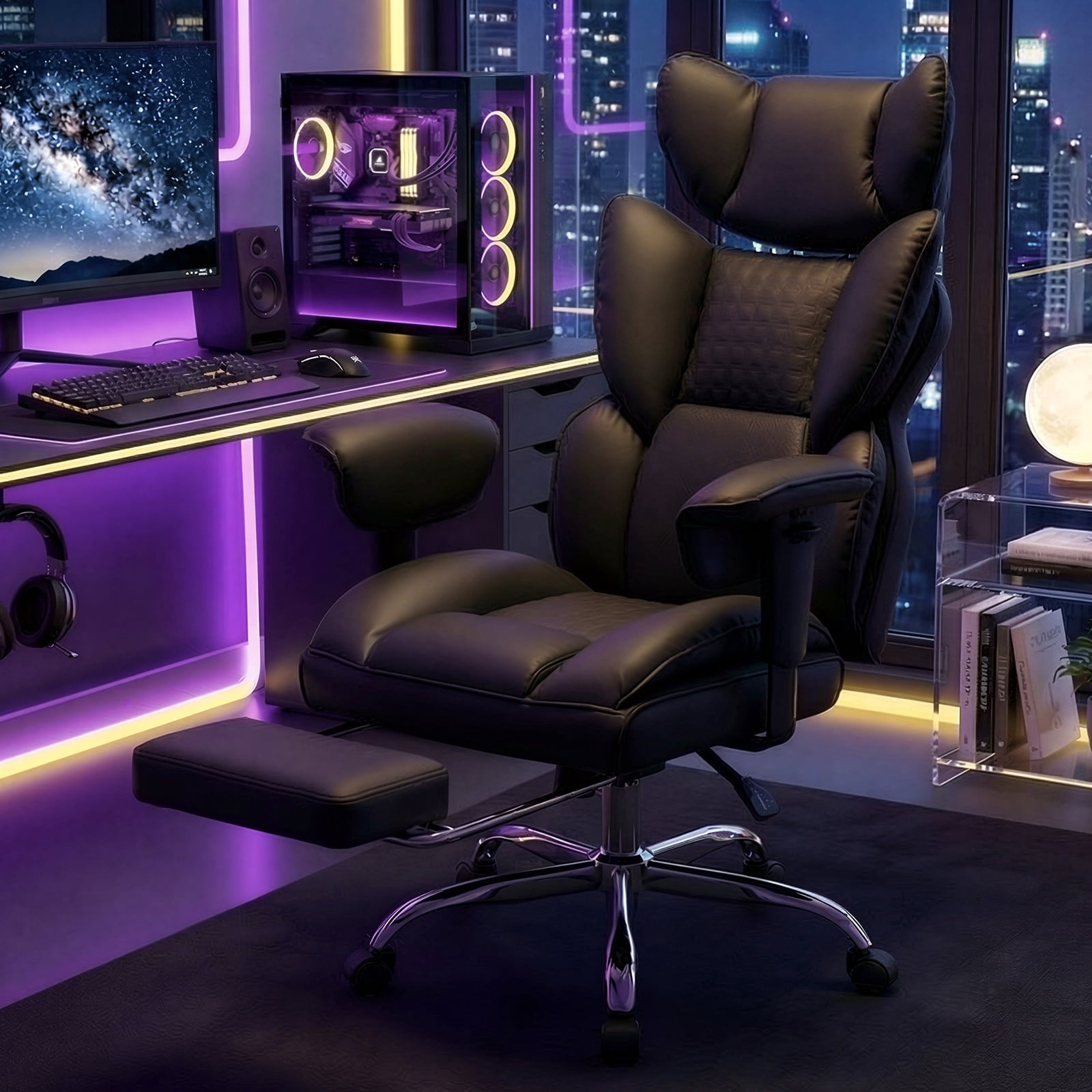 CONCETTA Ergonomic Office Chair 400LBS for Big & Tall, Heavy Duty Desk Chair with Reclining Back, Footrest, Luxurious PU Leather, Black