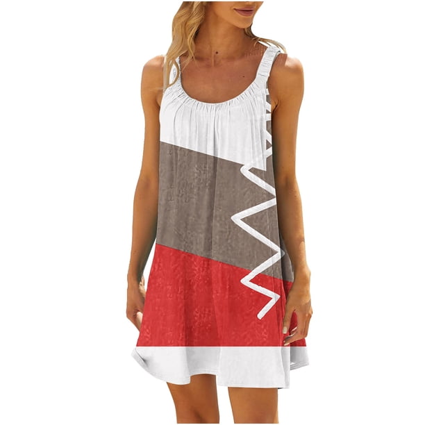Vestido de Verano para las Mujeres Impreso sin Mangas Cuello Redondo, Suelto de Rodilla de Longitud Vestido Casual para la Primavera