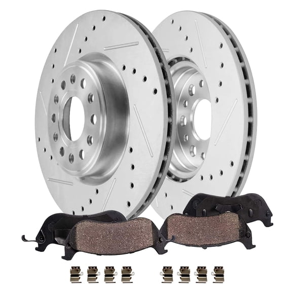 Detroit Axle - Front Brake Kit for 2019-2025 Ram 1500, Drilled Slotted Disc Brakes Rotors Ceramic Brake Pads 2020 2021 2022 2023 2024 Replacement : 14.88" inch Rotors