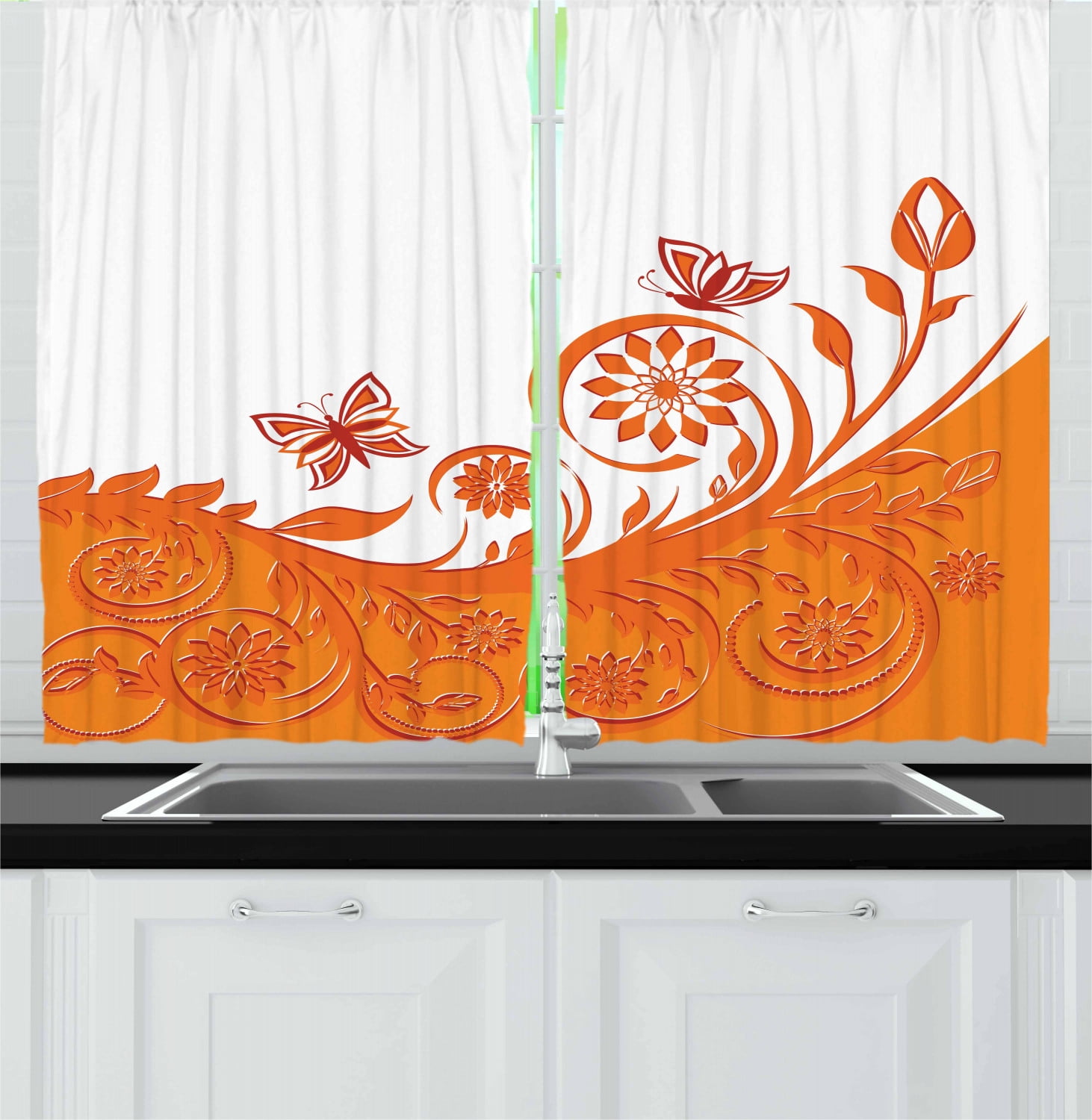 Orange Curtains 2 Panels Set, Artistic Rose Branch Motif with Floral Swirls in Old Fashioned Style Butterflies, Window Drapes for Living Room Bedroom, 55W X 39L Inches, Orange White, by Ambesonne