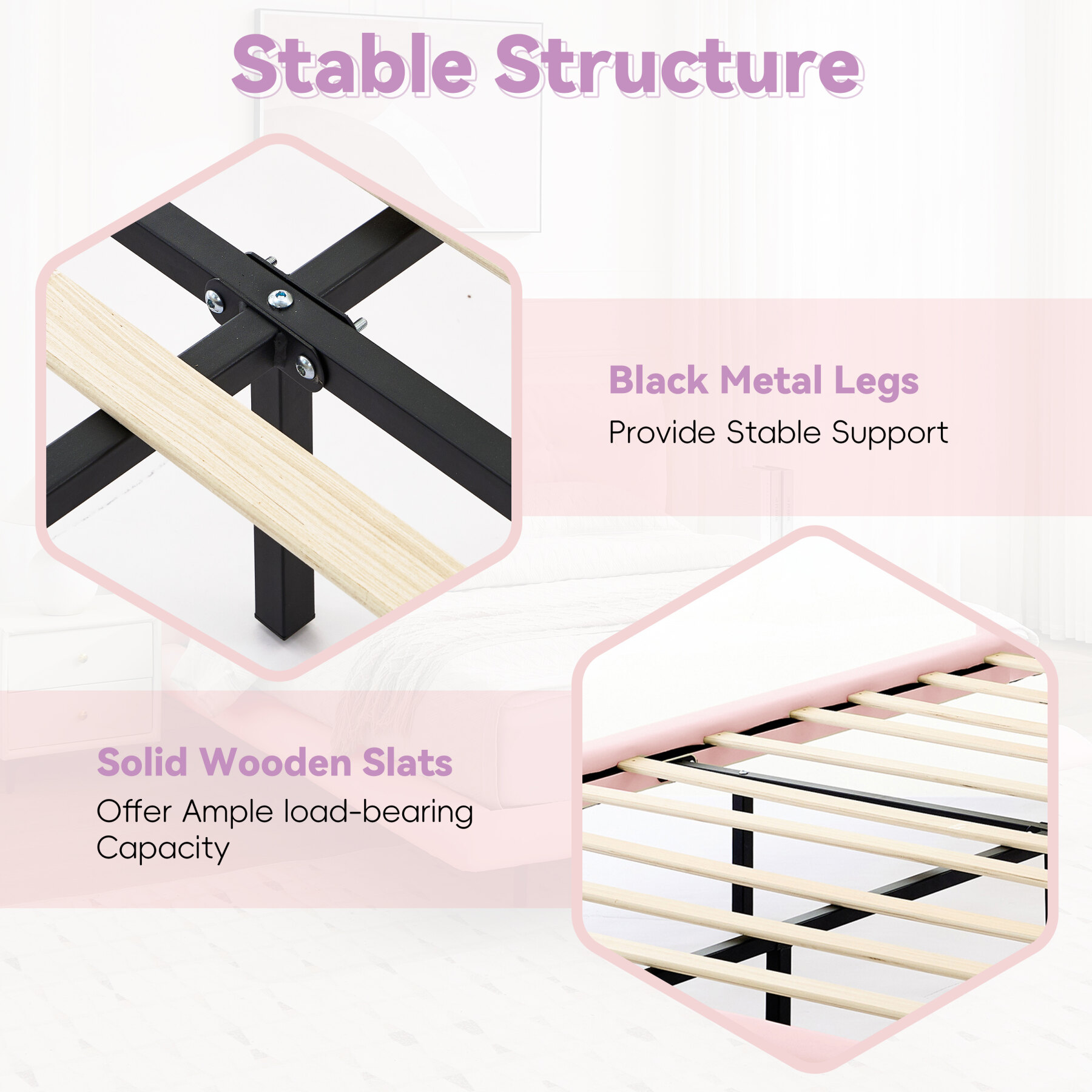 Queen Size Floating Bed Frame with LED Lights, Upholstered Platform Bed with Button Tufted Headboard, No Box Spring Needed, Easy Assembly, Pink