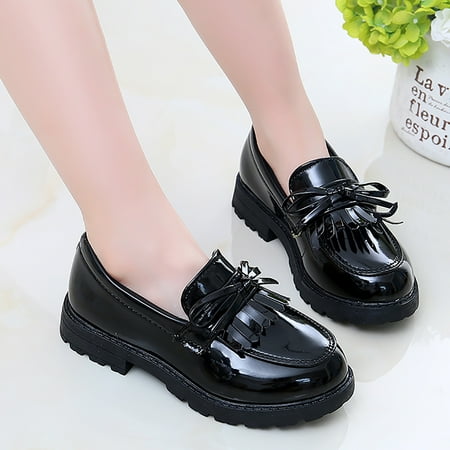 

mishuowoti girls slip on leather loafer tassel bow flats school dress shoes for girls