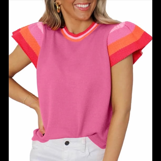 Suéter Ligero de Punto Holgado con Cuello Redondo Informal de Corta de Verano para Mujer. Rosa Roja S