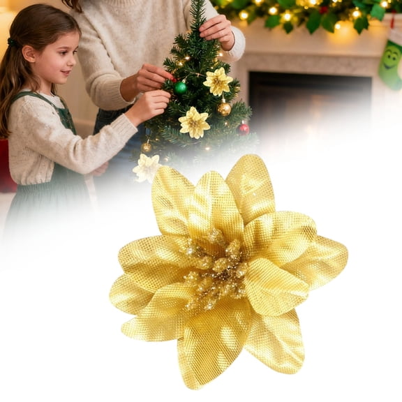 24PCS Gold Artificial Poinsettia Flowers, 2.36 Inch Glitter Christmas Flower Picks with Clips, Mini Xmas Tree Ornaments for Wreath Garland DIY Crafts Holiday Party Home Decoration