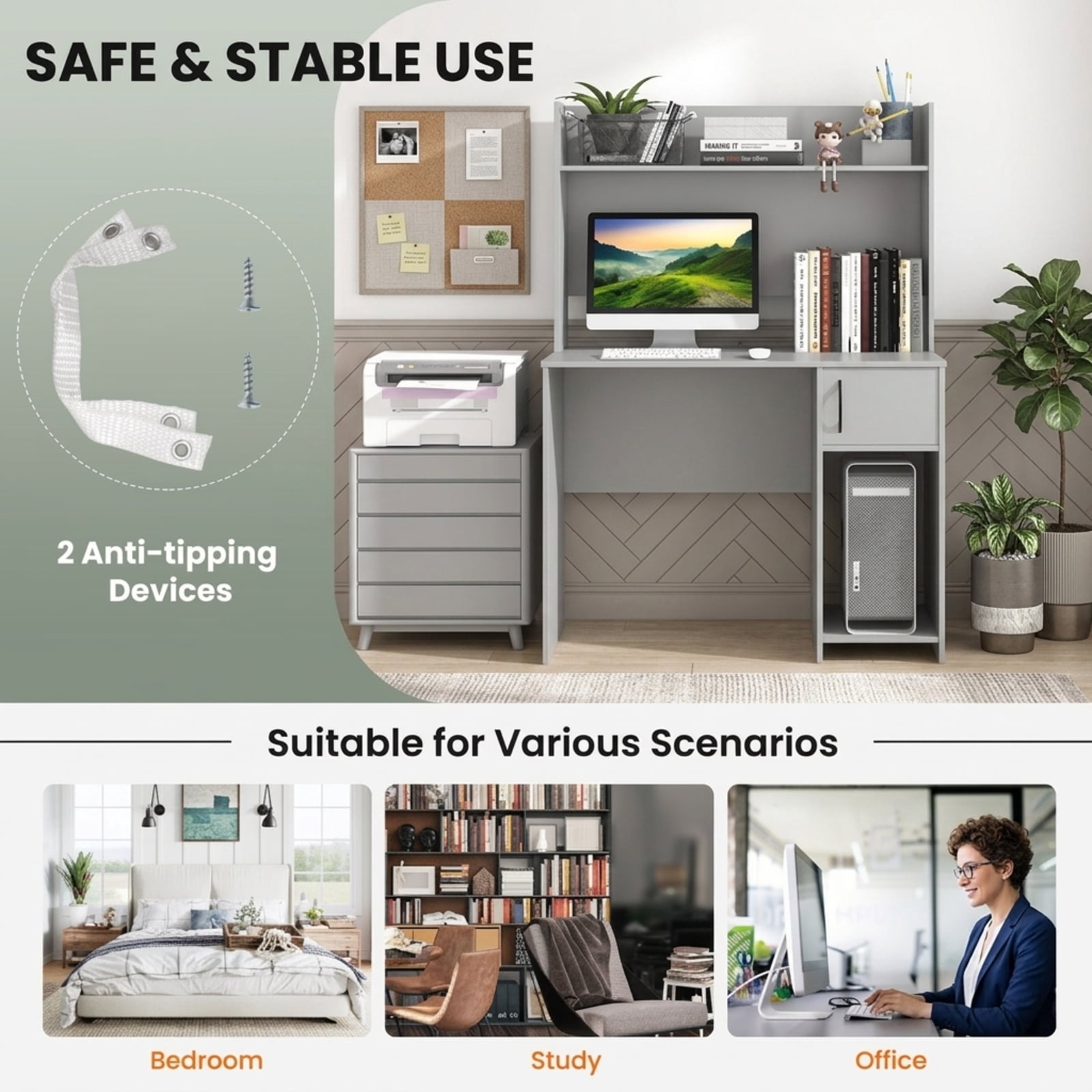 Furnibear Home Office Desk with Raised Display Shelf, Computer Desk with 2 Open Shelves and Cable Holes for Study and Bedroom, Gray