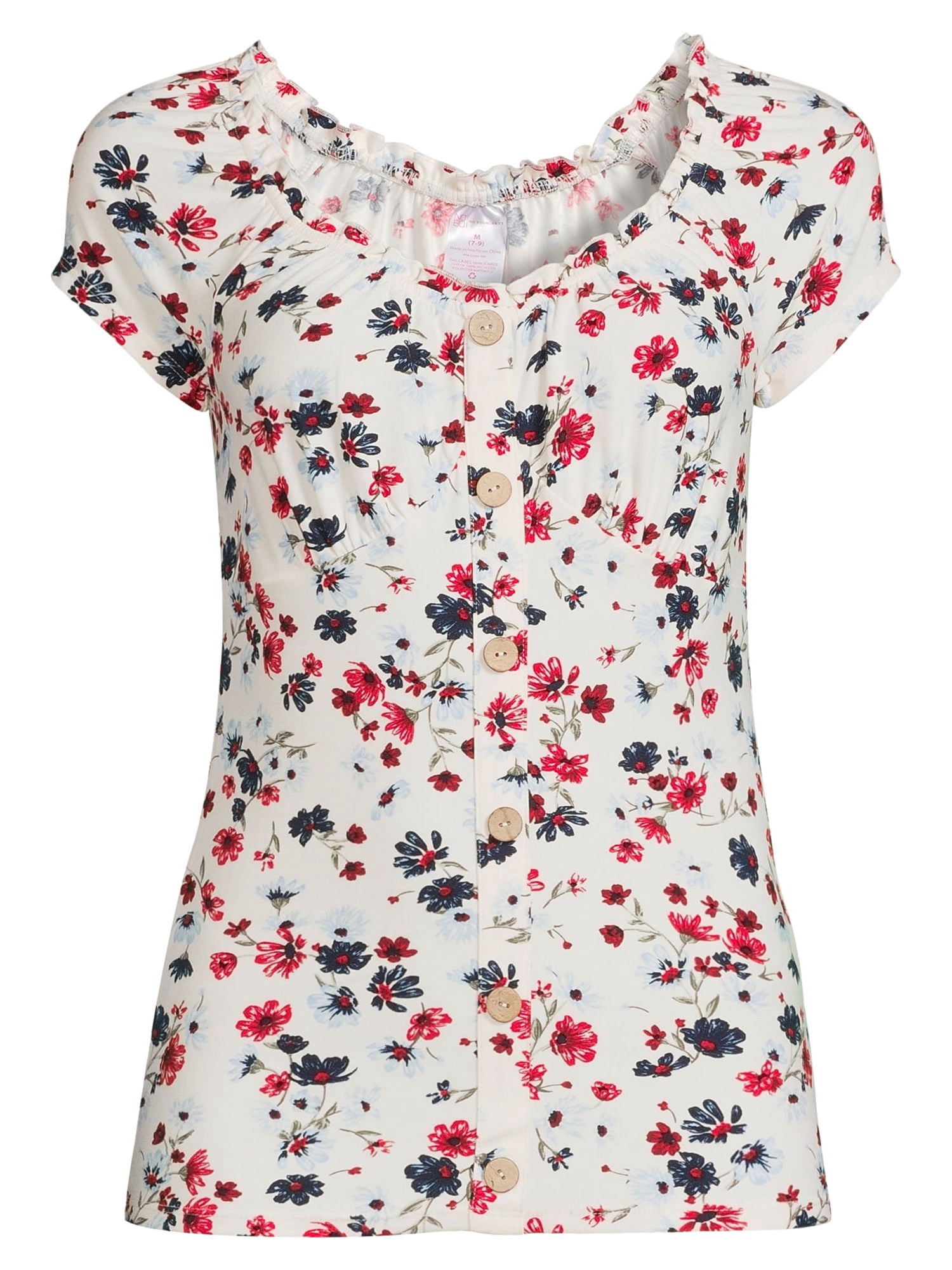 No Boundaries Juniors' Floral Button Front Top