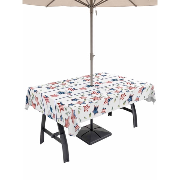 Outdoor Tablecloth with Umbrella Hole and Zipper, Independence Day Rectangle Table Cloth 52x70 Inch Waterproof Tablecloth, 4th of July Red Blue Stripes Star Leaves Picnic Table Cover for Patio