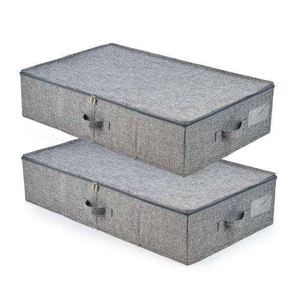 2 Pack Under Bed Storage Bags with Lid - Foldable Storage Containers for Clothes, Cotton Linen Bed Storage Organizer with Clear Window and Reinforced Handles for Bedroom, Closet, Dorm