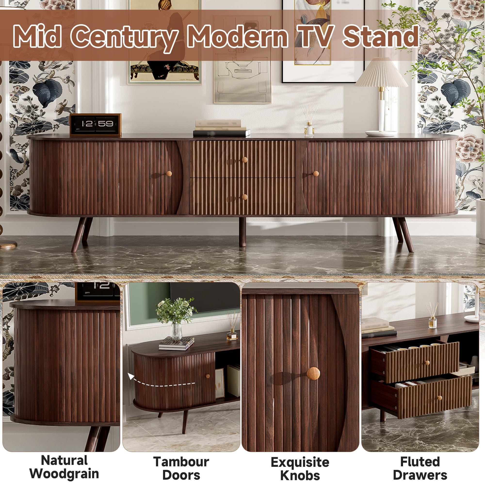 Mintazer 70" Mid Century Modern TV Stand for 80" TVs, Entertainment Center with 2 Fluted Drawers & 2 Cabinets, TV Consoles with Tambour Doors for Living Room, Dark Brown