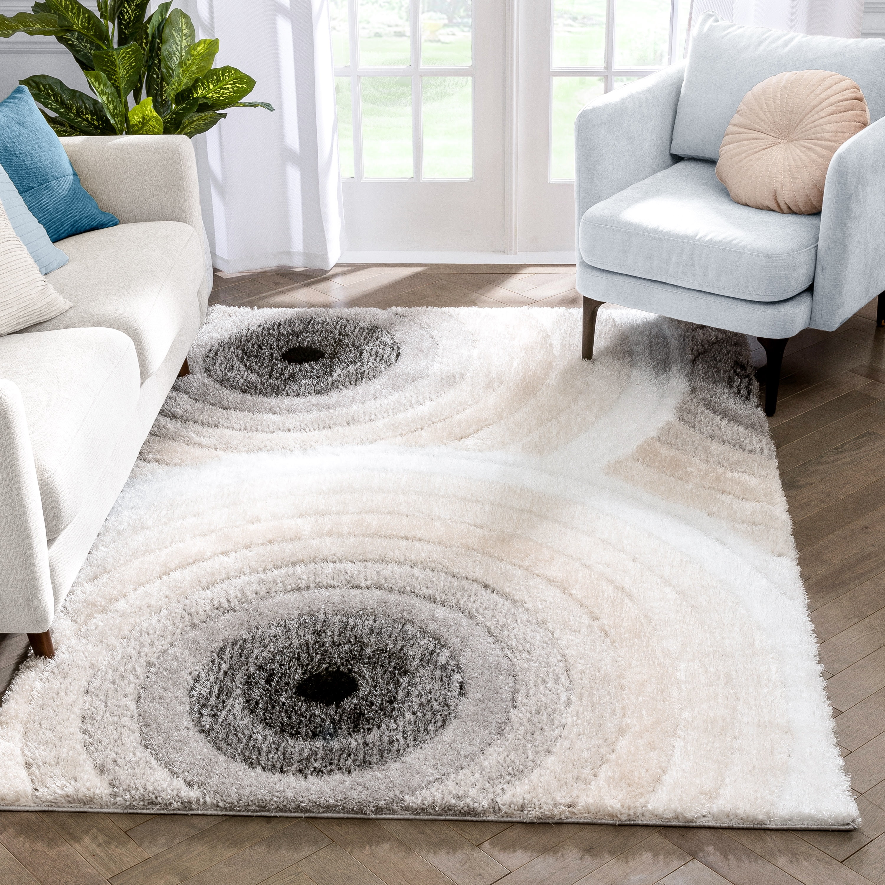 Actual Size Ivory Modern 3x5 Circles Geometric Lines Area Rug 2' 7" x 4' 2" 