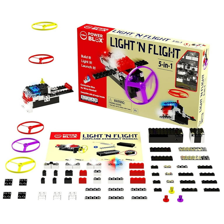 E-Blox Power Blox Light N' Flight STEM Kit - 5-in-1 Building Set With LED Lights & Motor For Kids 8+