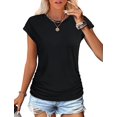 thumbnail image 2 of Hauts d'Été pour Femmes à Manches Courtes avec Fronces, T-Shirts à Col Rond, Mode Noir G, 2 of 8