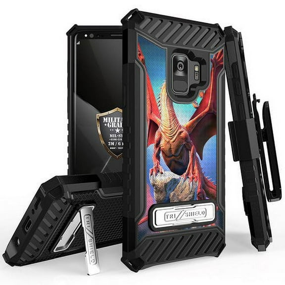 Galaxy S9 Case, Trishield Durable Rugged Heavy Duty Phone Cover With Detachable Lanyard Loop Belt Clip Holster And Built in kickstand For Samsung Galaxy S9 - Printed Red Dragon Wings