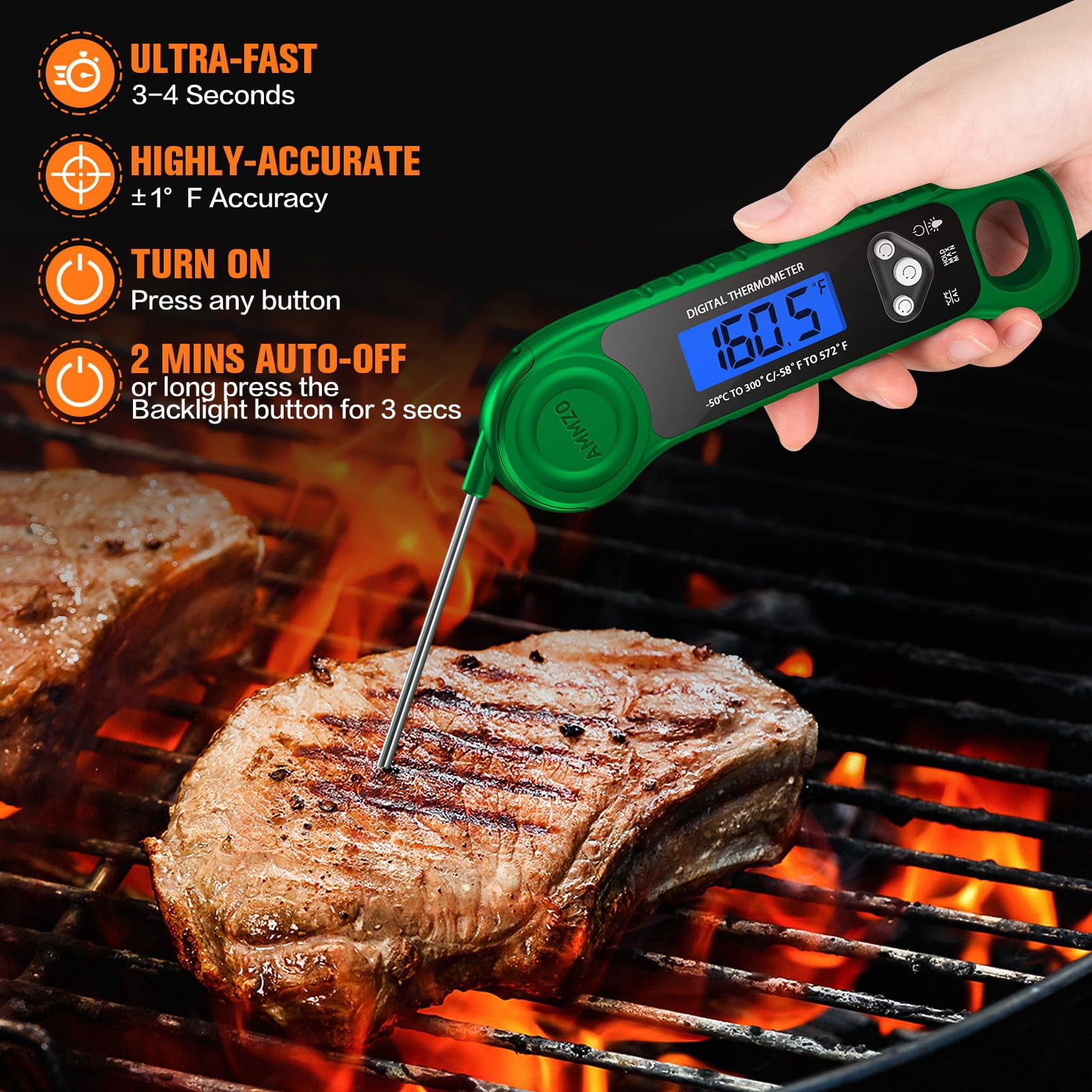 Digital Food Thermometer Green Instant Read Waterproof with Backlight for Grilling Cooking
