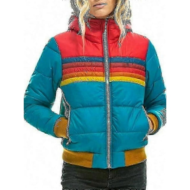 Womens Rainbow Zip-up Winter Down Casual Striped Hooded Puffer Coat