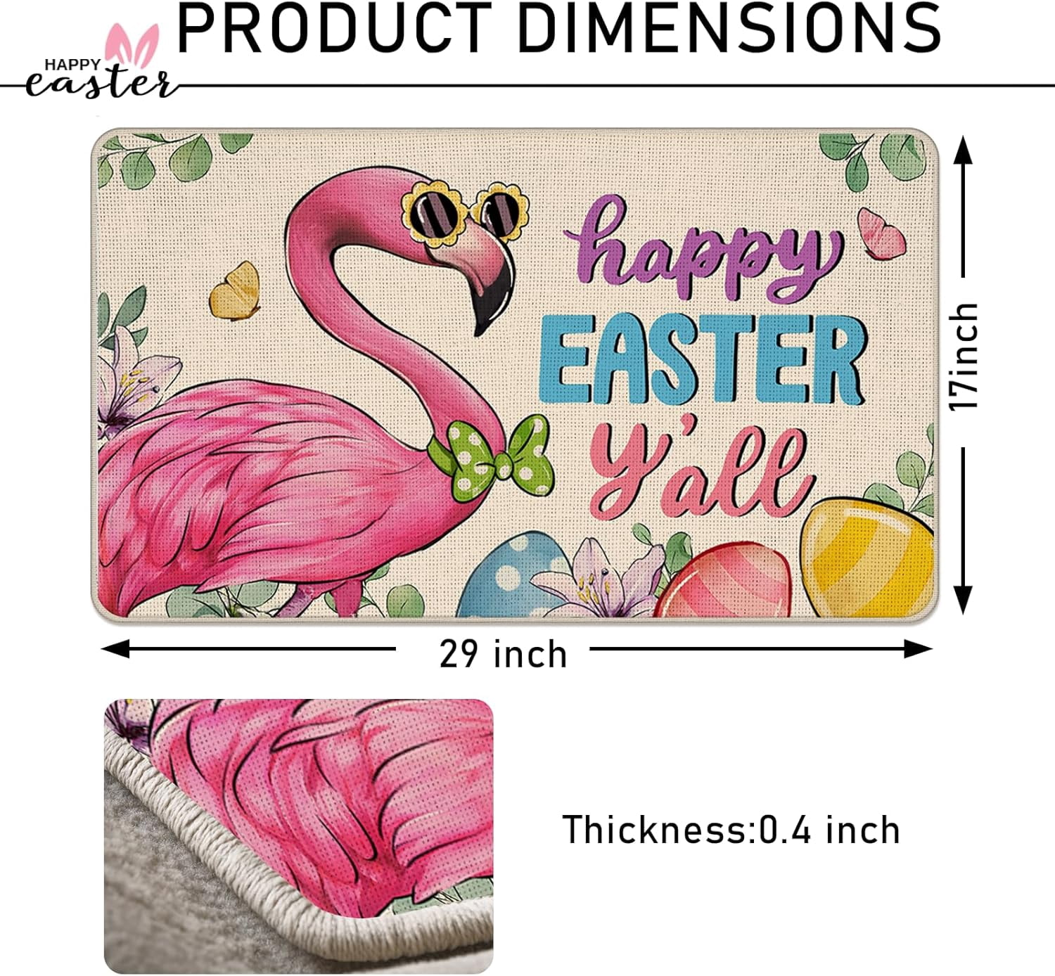 Happy Easter Y''all Flamingo Decorative Front Door Mat, Easter Eggs Welcome Doormat Indoor Outdoor Non-Slip Floor Entryway Rug, Spring Butterfly Lily Flower Home Kitchen Decoration 17x30 Inch