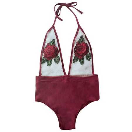 WERYOUNG Ladies Beachwear Chest Embroidered Halter Sexy Lingerie Bodysuit Women Summer Tropical Brazilian Vacation Swimwear Relaxed Fit Red XL