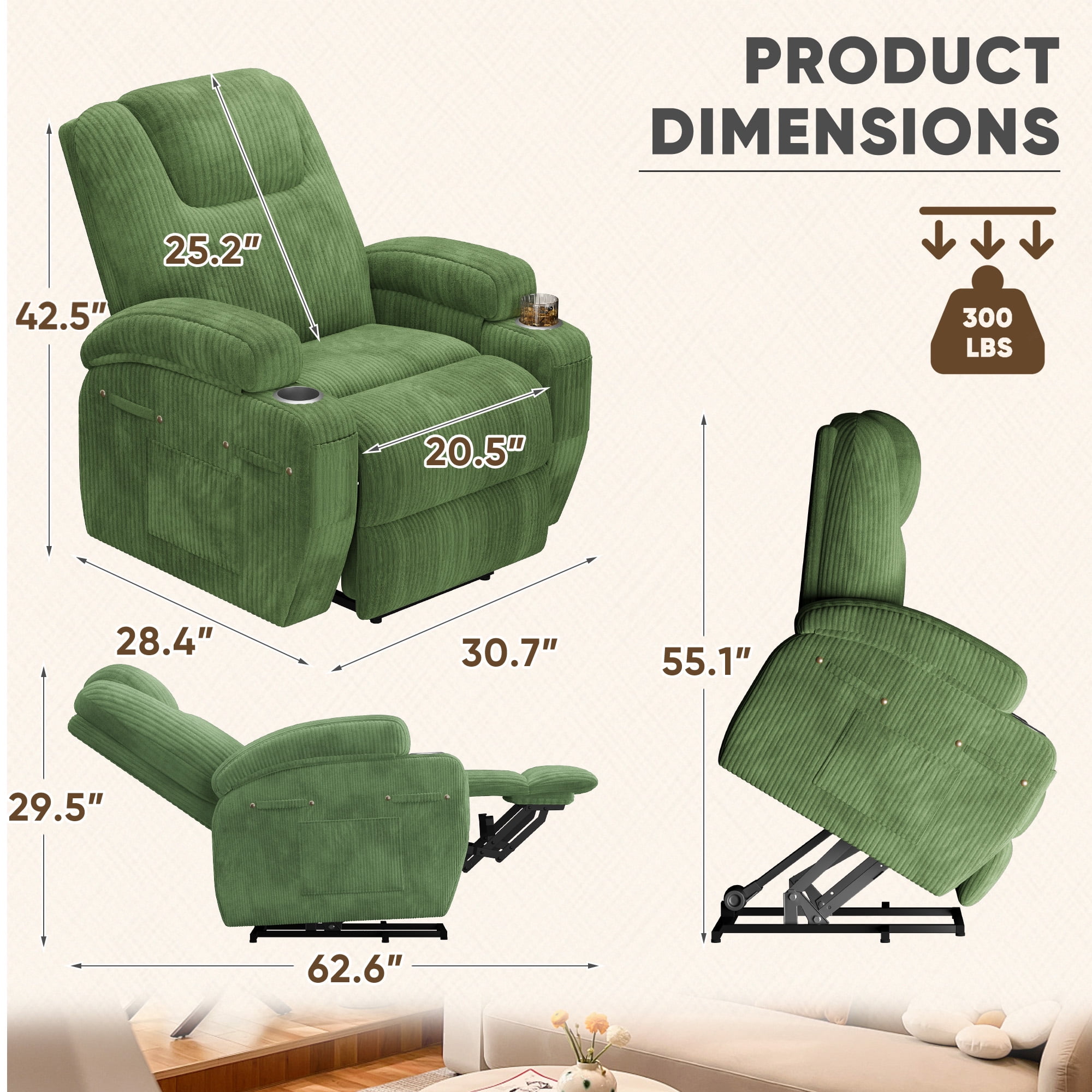 Homall Power Lift Recliner with Eight Vibrating Massages Ergonomic Single Sofa with Side Pocket and Soft Corduroy for Elderly,Corduroy Green