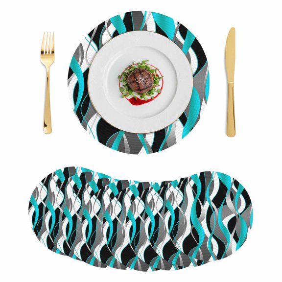 Aqua Stripe Round 15 Inch Placemats Set of 8, Ombre Grey Moire Geometric Modern Abstract HeatResistant Non Slip Place Mats for Dining Table, Wipeable Braided Kitchen Table Mats for Housewarming