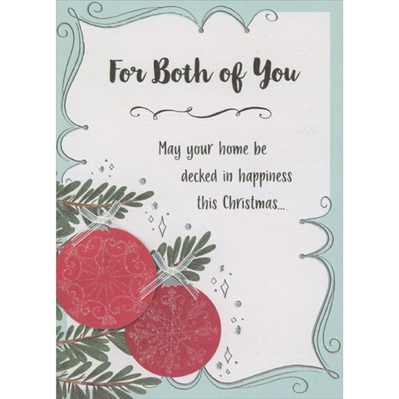 Designer Greetings Two Red Ornaments with Glittery Snowflake Patterns, White Ribbons and Gems 3D Hand Decorated Christmas Card for Both of You