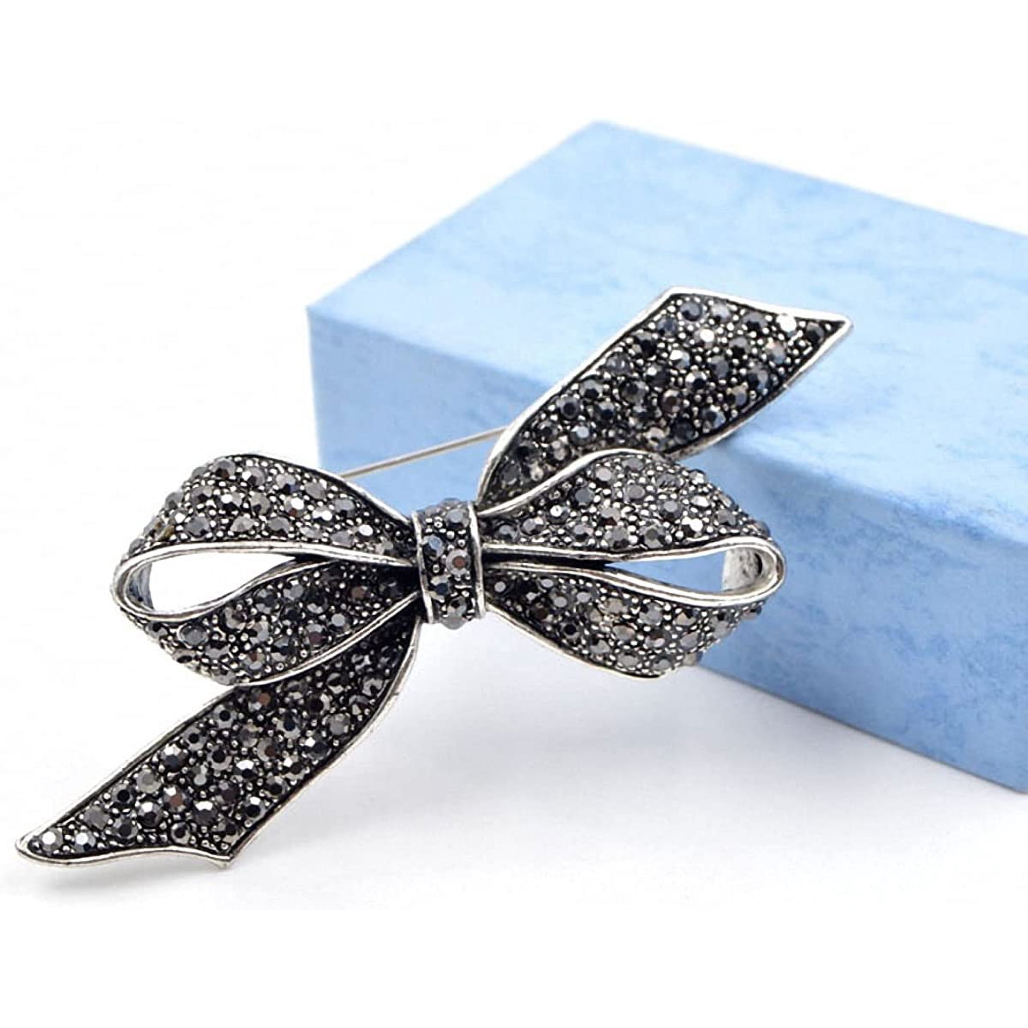 Rhinestone Black Flower Brooch - Vintage Silver Tone Antique Style Pin For Women, Elegant Crystal Brooch