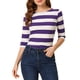 thumbnail image 1 of Camisetas de rayas para mujer Inspire Chic, corte ajustado, mangas de codo, cuello barco, T-shirt S, púrpura y blanco, 1 of 6