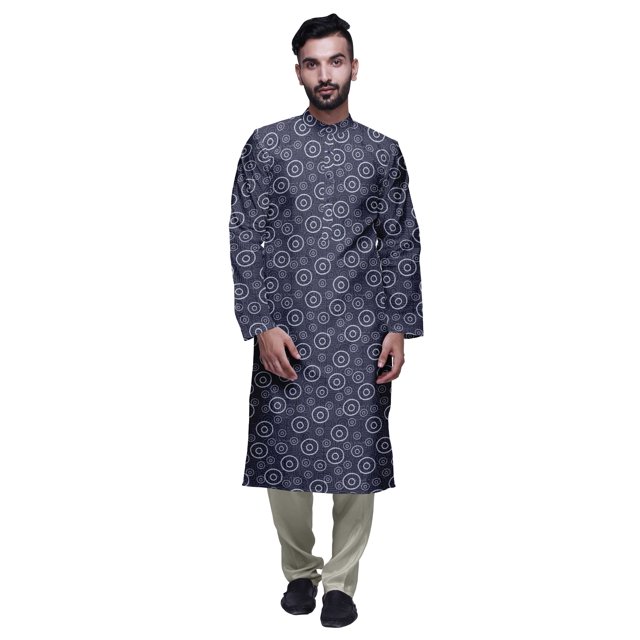 Atasi Ensemble Kurta Traditionnelle en Satin Imprimé Col Mandarin pour Hommes