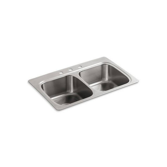 Open Box KOHLER R3145-4-NA Cadence 33-in x 22-in Stainless Steel Double Equal Bowl Drop-In 4-Hole Commercial/Residential Kitchen Sink