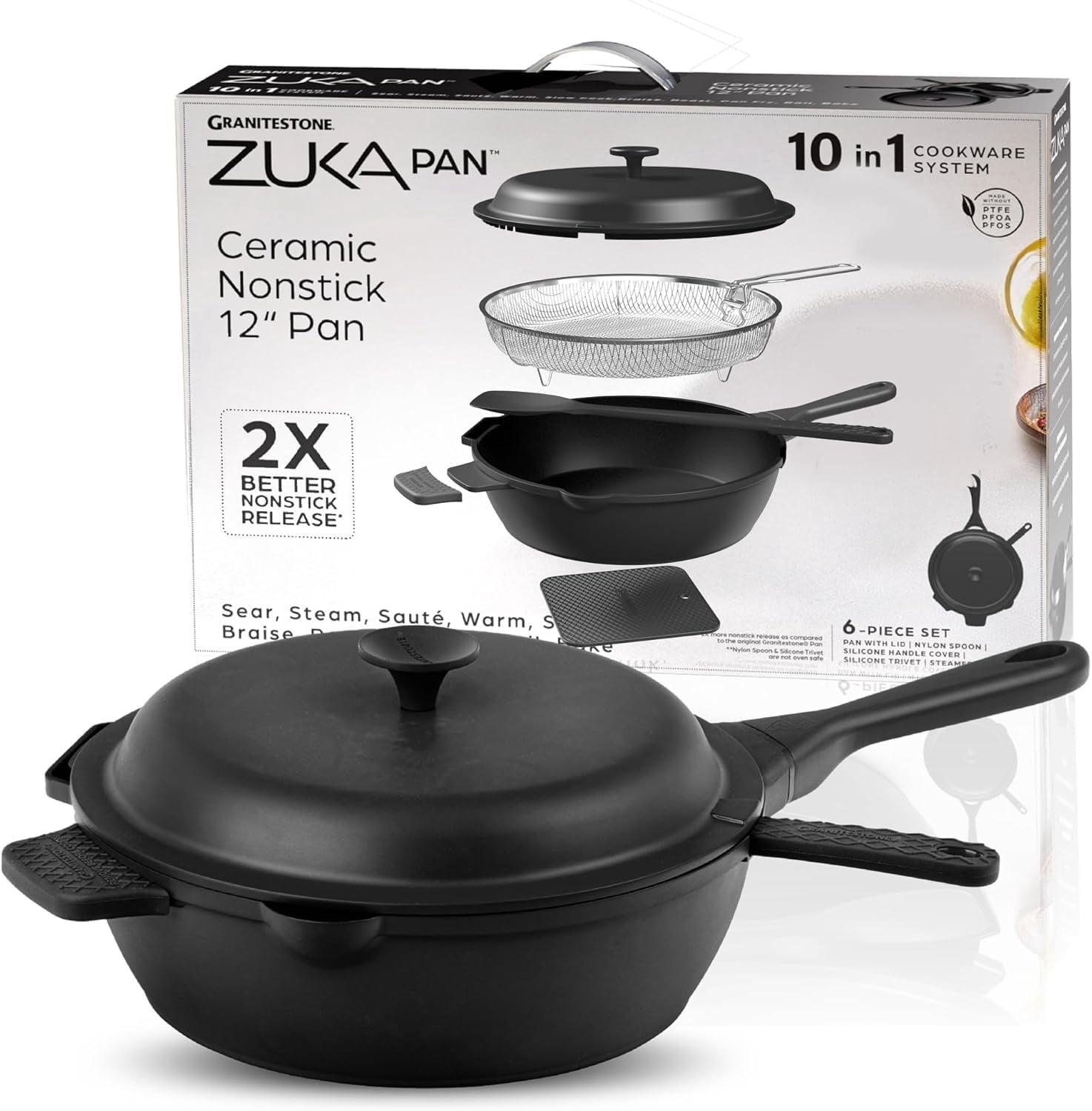 ZUKA Ceramic Pan by Granitestone, 6 Pc Non Toxic Ceramic Deep Frying Pan Set with Steamer & Spatula, Everyday Pan Skillet, Non Toxic Pans for Cooking, Nonstick Induction, Oven & Dishwasher Safe