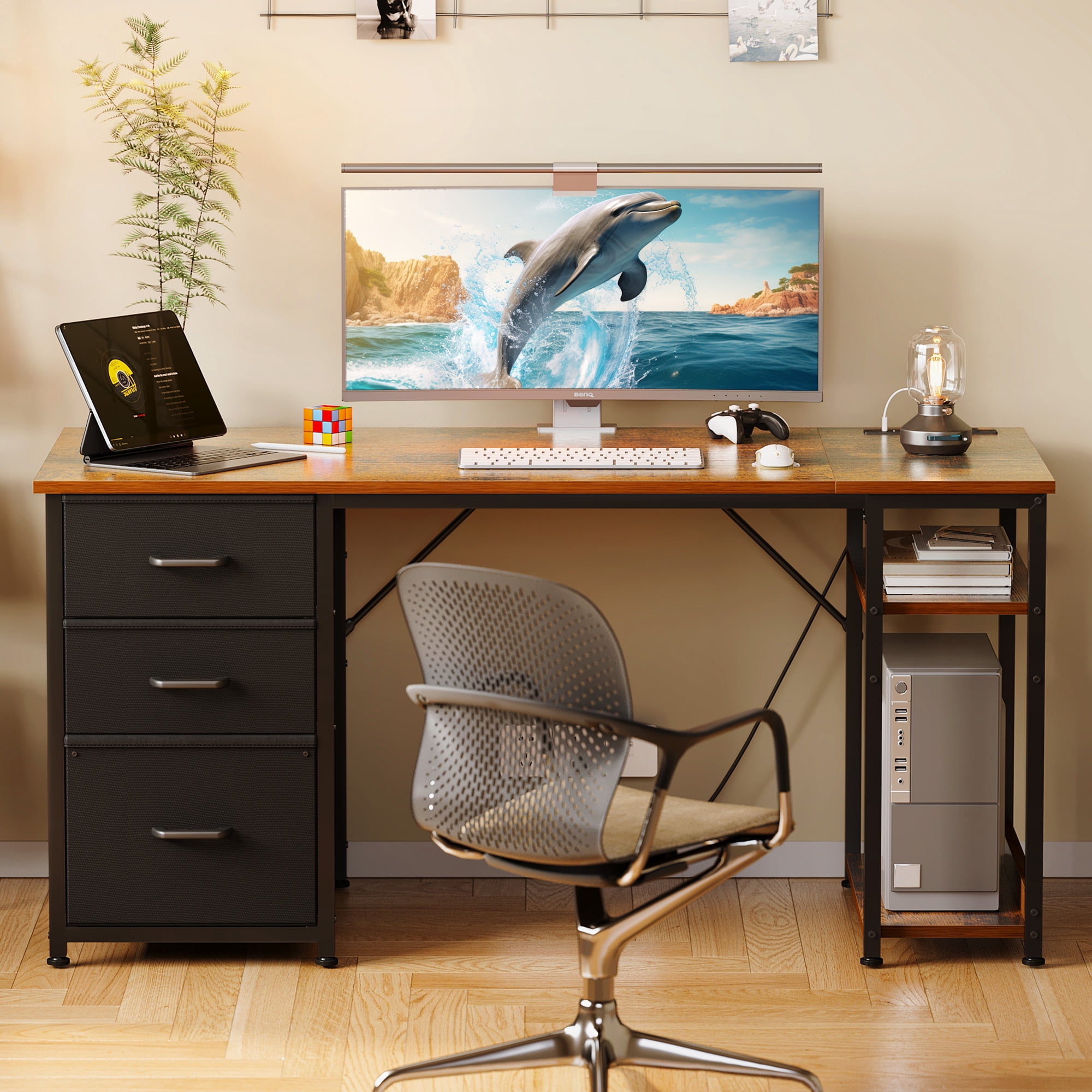 51 Inch Computer Desk with File Drawers & USB Power Outlets- Reversible Home Office Desk with Storage Shelves, Work from Home, Writing Table for Bedroom, Vintage