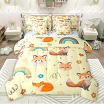 Feelyou Cute Magic Fox Twin Bedding Sets 7-Piece for Girl, Rainbow Love Heart Bedding Comforter Set, Girly Yellow Cartoon Animal Reversible Sheet Sets, Lightweight Room Decor