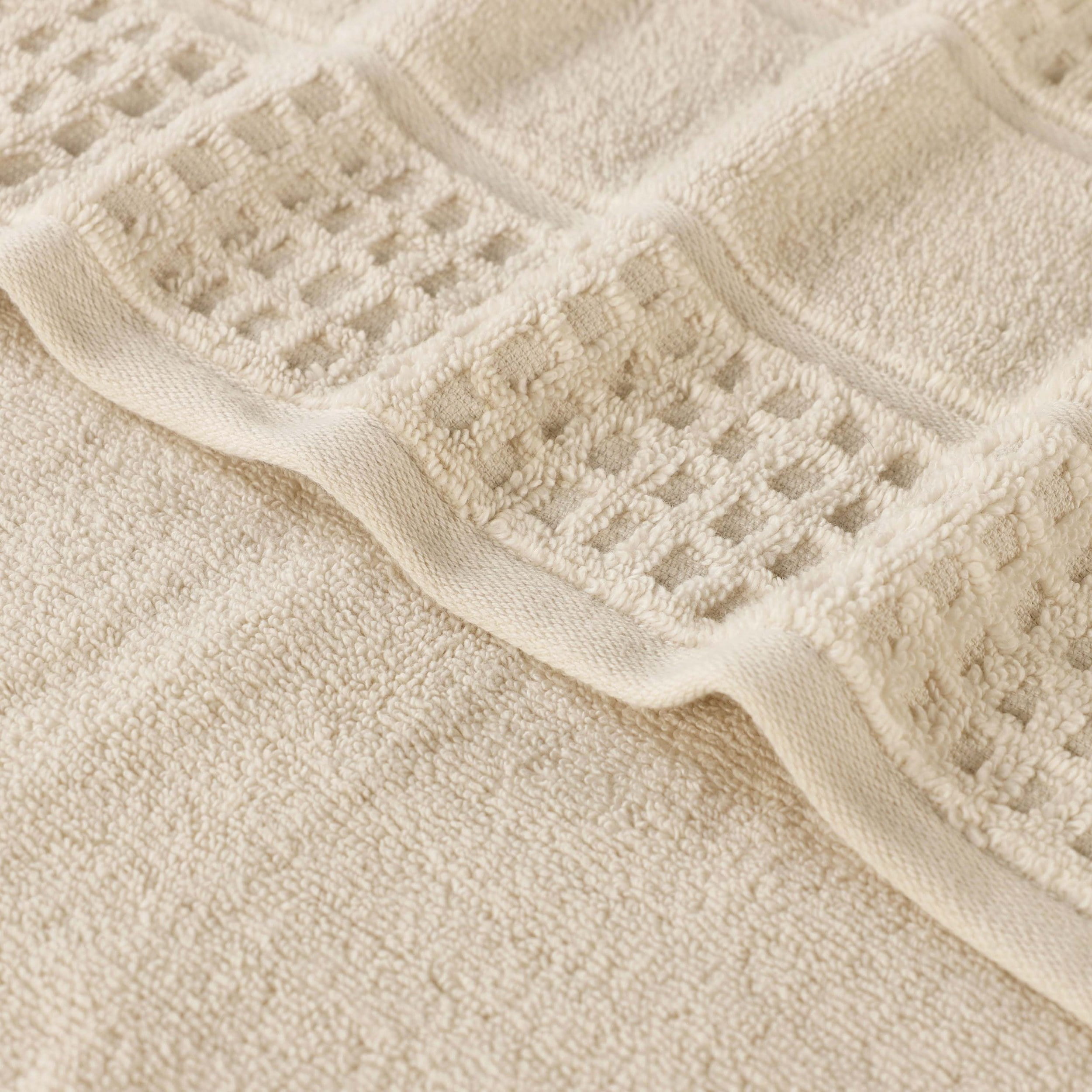 Superior Zero Twist 8-Piece Cotton Towel Set, Waffle Border Ultra Doft Quick Dry Towels, Ivory