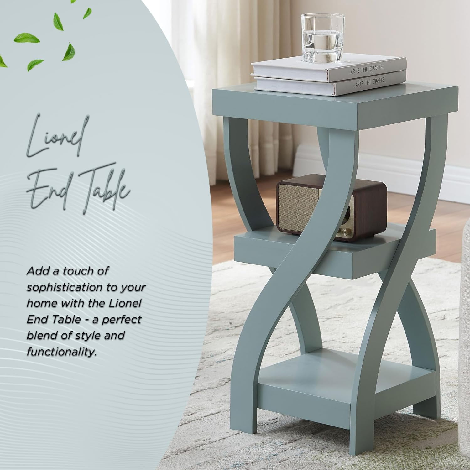 Kings Brand Furniture Lionel 3-Tier End Table, Twisted Wood Accent Side Table with Open Storage Shelves, Modern Narrow Nightstand for Living Room, Bedroom, Office or Entryway (Ice Blue)