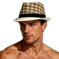 thumbnail image 4 of PBFRDSJ Straw Fedora Hat for Men Breathable Houndstooth Short Brim Summer Sun Hat for Beach Travel Outdoor, 4 of 4